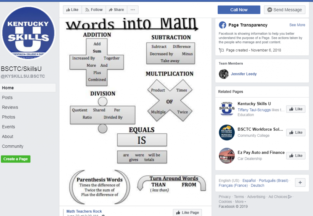 Snip of math post on Big Sandy Facebook page link to page
