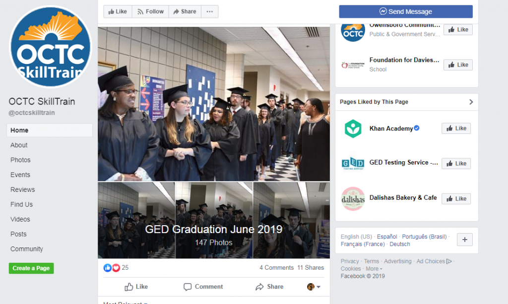 OCTC Facebook snip of GED graduation link to page